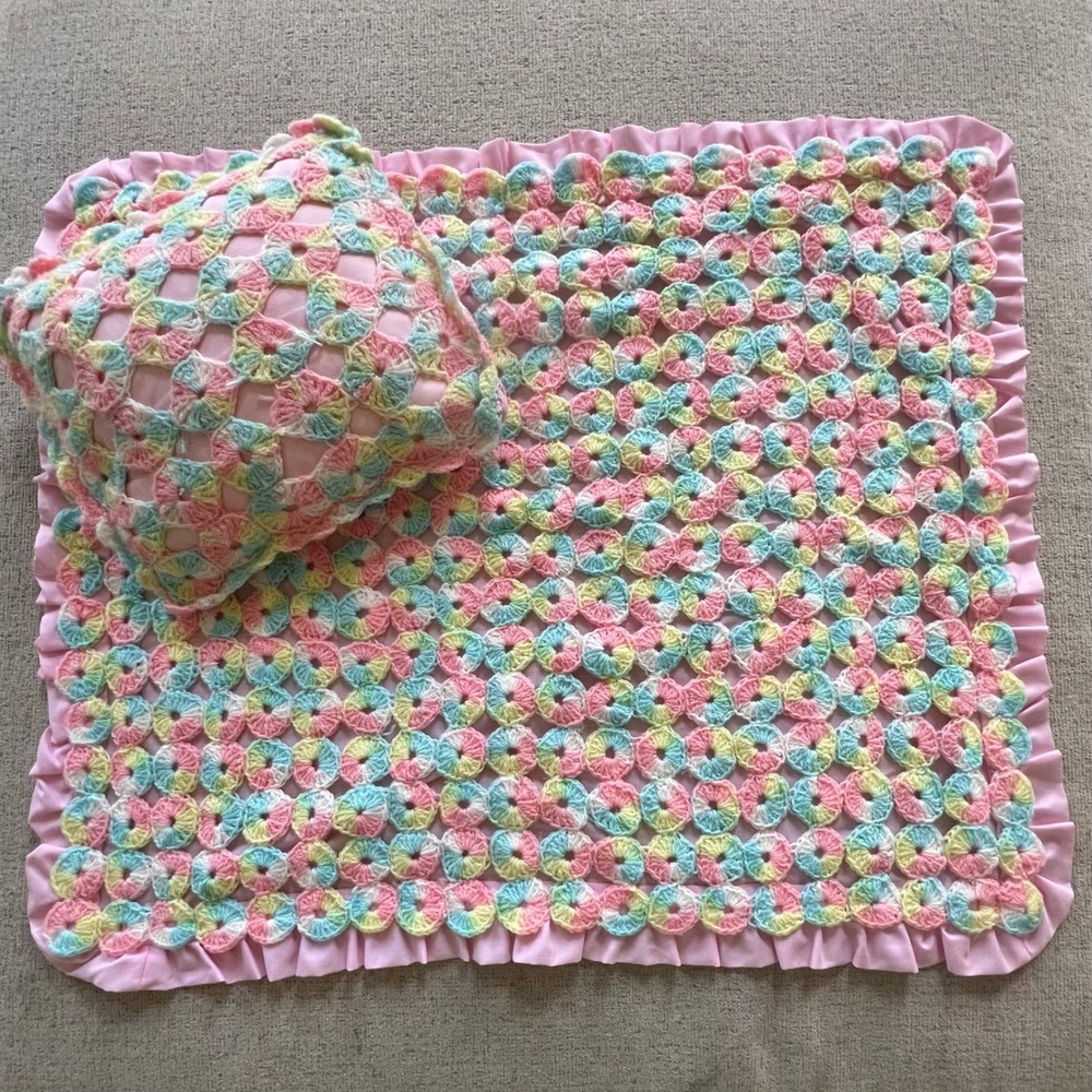 Handmade Crochet Baby Blanket and Pillow Set Pastel Pink Blue Yellow Ruffle